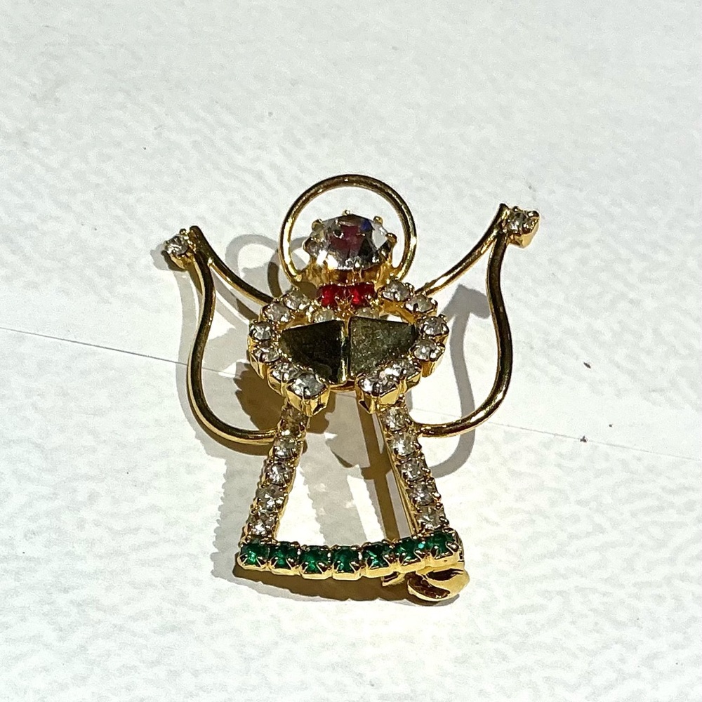 Vintage Gold Tone and Multicolor Rhinestone Caroling Angel Brooch